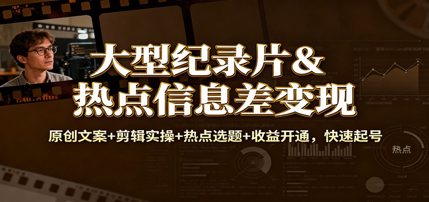 大型纪录片&热点信息差变现:原创文案+剪辑实操+热点选题+收益开通,快速起号-想要创业网