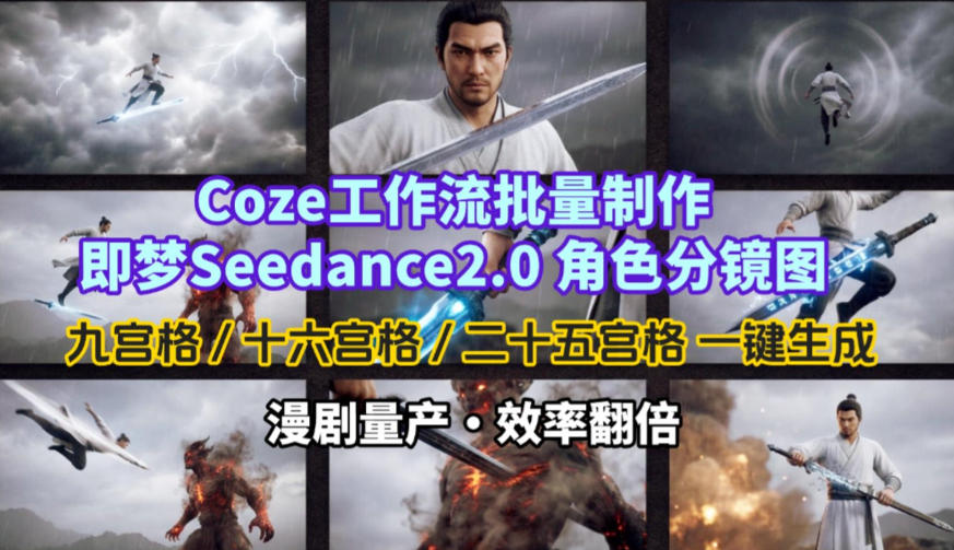 Coze工作流批量制作即梦Seedance2.0角色分镜图,九宫格-十六宫格-二十五宫格一键生成,漫剧量产,效率翻倍-想要创业