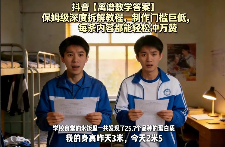 抖音【离谱数学答案】保姆级深度拆解教程,制作门槛巨低,每条内容都能轻松冲万赞,附详细步骤-想要创业