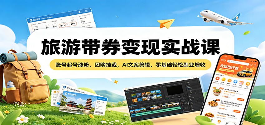 旅游带券变现实战课:账号起号涨粉,团购挂载,AI文案剪辑,零基础轻松副业增收-想要创业