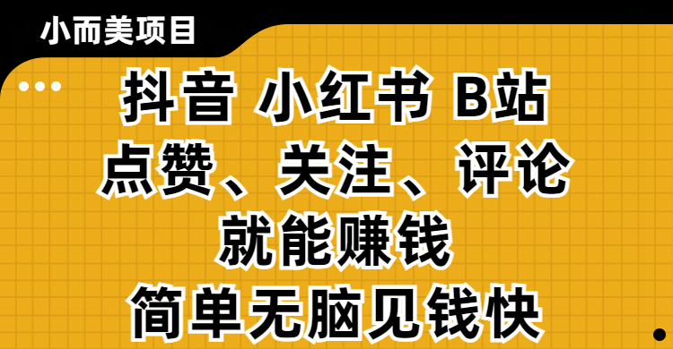 小而美的项目，抖音、小红书、B站视频点赞、关注、评论就能赚钱，简单无脑立见收益！妥妥的零撸项目-想要创业网