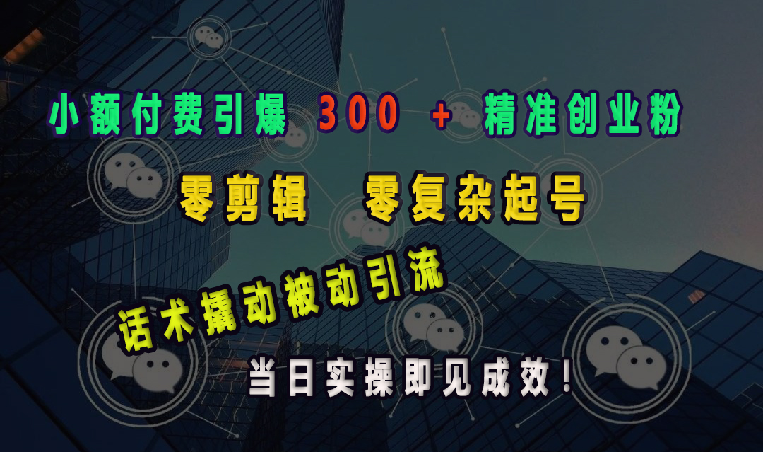小额付费引爆 300 + 精准创业粉，零剪辑、零复杂起号，话术撬动被动引流，当日实操即见成效！-想要创业网