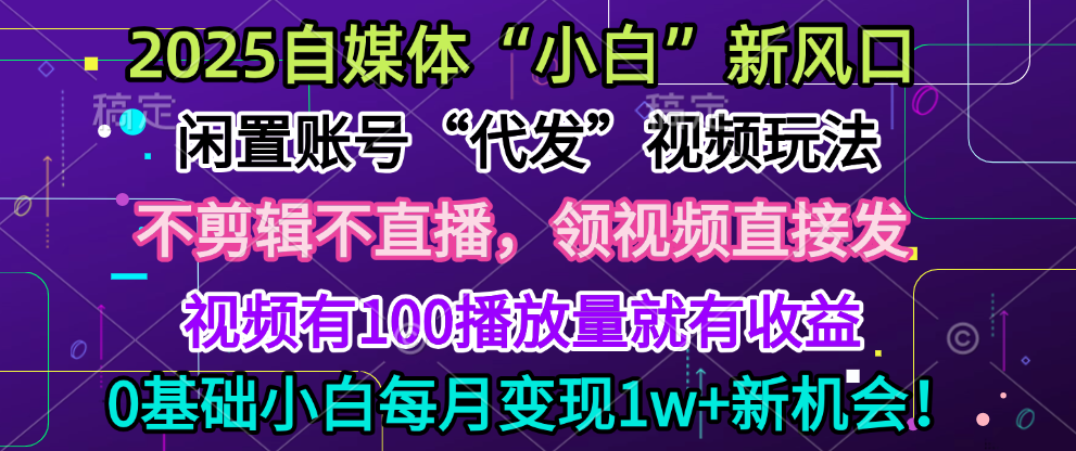 2025每月躺赚5w+新机会，闲置视频账号一键代发玩法，0粉不实名不剪辑，领了视频直接发，0基础小白也能日入300+-想要创业网
