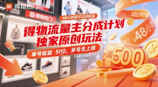 得物流量主分成计划独家原创玩法，48小时即可见到收益，单号收益5张，多号无上限【揭秘】-想要创业网