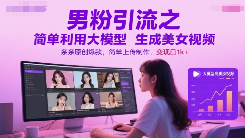 男粉引流之简单利用大模型生成美女视频，条条原创爆款，简单上传制作，变现日1k+-想要创业网
