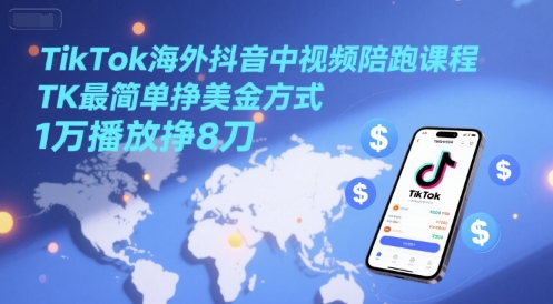 TikTok海外抖音中视频陪跑课程，TK最简单挣美金方式，1万播放挣8刀-想要创业网