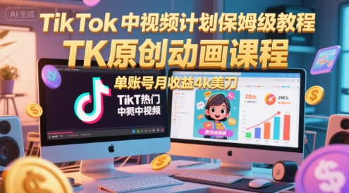 TikTok中视频计划保姆级教程，TK原创动画课程，单账号月收益4k美刀-想要创业网