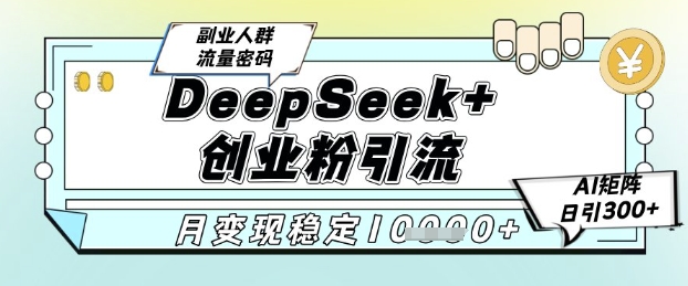 DeepSeek+创业粉精准引流，全新分享课4.0玩法，AI矩阵日引300+，多种变现方式，稳定月入1W-想要创业网