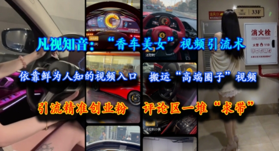 凡视知音：“香车美女”视频引流术，依靠鲜为人知的视频入口，搬运“高端圈子”视频，引流精准创业粉，评论区一堆“求带”-想要创业网