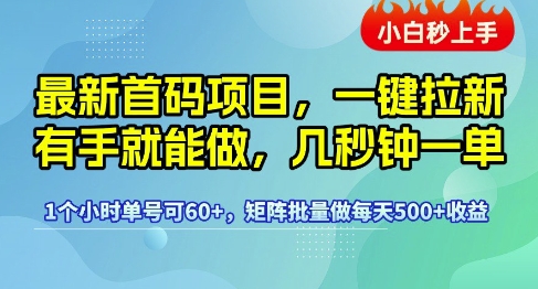 最新首码项目，一键拉新有手就能做，几秒钟一单，1个小时单号可60+，矩阵批量做每天5张【揭秘】-想要创业网