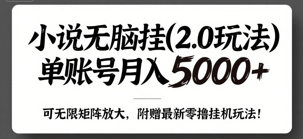 小说无脑挂(2.0玩法）单账号月入5000+，，可无限矩阵放大，附赠微信最新零撸挂机玩法！-想要创业网