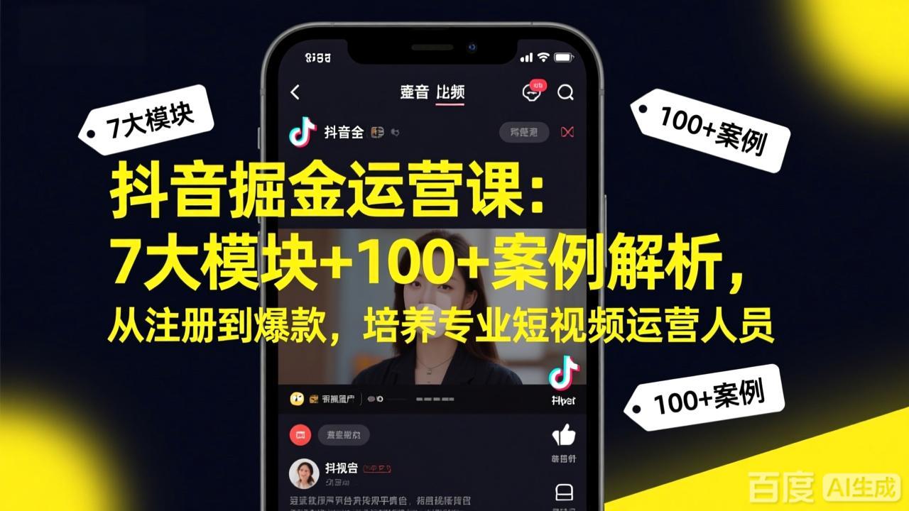 抖音掘金运营课:7大模块+100+案例解析,从注册到爆款,培养专业短视频运营人员-想要创业