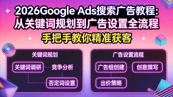 2026Google Ads搜索广告教程:从关键词规划到广告设置全流程,手把手教你精准获客-想要创业