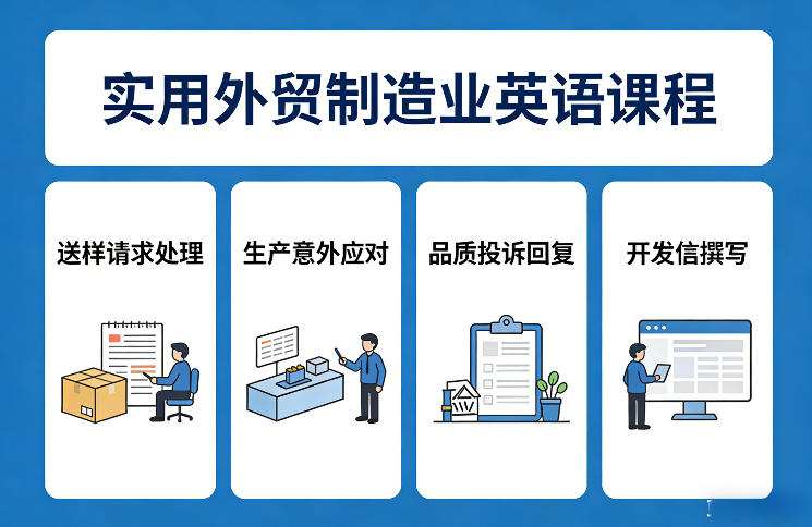 实用外贸制造业英语课程,教你专业处理送样请求、应对生产意外、回复品质投诉、撰写开发信等-想要创业