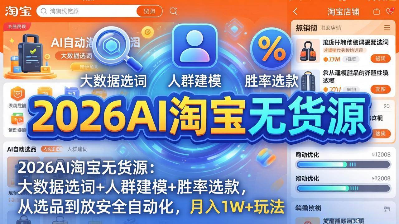 (17812期)2026AI淘宝无货源:大数据选词+人群建模+胜率选款,从选品到放大全自动化,月入1W+玩法-想要创业