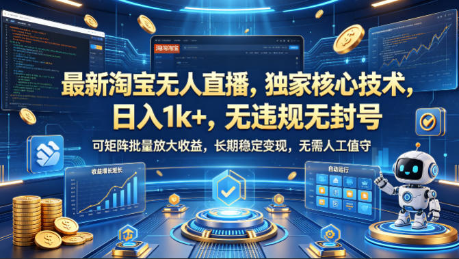 最新淘宝无人直播,独家核心技术,日入1k+,无违规无封号,可矩阵批量放大,长期稳定,无需人工值守【揭秘】-想要创业