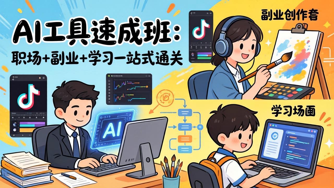 AI工具速成班:职场+副业+学习一站式通关,20+爆款类型+剪映技巧+抖音算法,0基础快速上手-想要创业