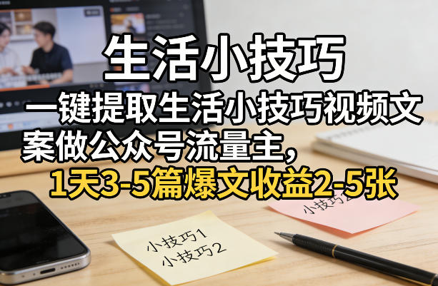 一键提取生活小技巧视频文案做公众号流量主,1天3-5篇爆文收益2-5张-想要创业